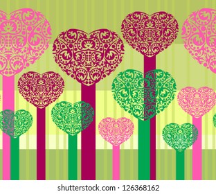 Abstract trees with ornaments in the form of heart
