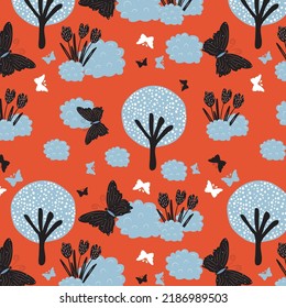 Abstract trees pattern on orange background. Design for fabric, textile print, wrapping paper, children textile. Vector illustration