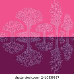 abstract trees reflection seamless pattern magenta pink forest mirrored branches