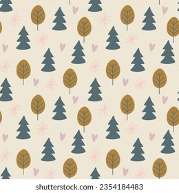 Abstract trees seamless pattern. Trees stars and hearts in scandinavian style repeat on beige. Stylish background for postcards, posters, fabric, vintage textile and more. 