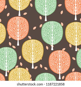 Abstract trees seamless pattern, vector illustration, stylized forest, vintage drawing. Ornate tree trunks with branches and green, yellow and orange crown and fallen foliage on brown background