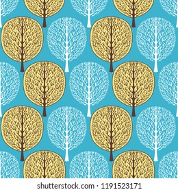 Abstract trees seamless pattern, vector illustration, stylized autumn forest, vintage drawing. Ornate brown and white tree trunks with branches and yellow crown foliage on pastel blue background