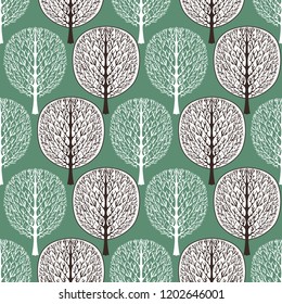 Abstract trees seamless pattern, vector illustration, stylized forest, vintage drawing. Ornate brown and white tree trunks with branches and crown foliage on pastel green background. For fabric design