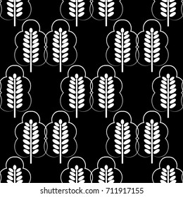 Abstract trees seamless pattern. Vintage elegant forest ornament. Black ornamental  background with white trees silhouettes. Vector simple isolated texture for fabric, prints, wallpapers
