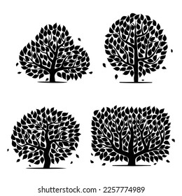 Silhouettes de árboles abstractos con hojas negras. Diferentes diseños de plantas de forma aislados en fondo blanco. Diseño del bosque de primavera para decoraciones botánicas