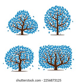 Silhouettes de árboles abstractos con hojas azules. Diferentes diseños de plantas de forma aislados en fondo blanco. Diseño de bosques de invierno para decoraciones botánicas