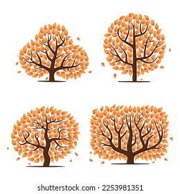 Silhouettes de árboles abstractos con hojas naranjas. Diferentes diseños de plantas de forma aislados en fondo blanco. Diseño del bosque de primavera para decoraciones botánicas