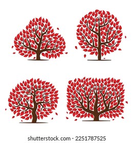 Abstract trees silhouettes set with red leaves. Different form plant designs isolated on white background. Spring forest design for botanical decorations