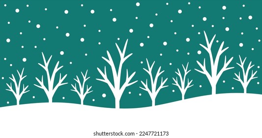 Abstract trees in the snowy forest. Winter landscape background. Vector illustration. Template for greeting or holiday card. Design pattern.