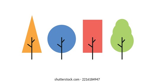 Abstract trees in a variety of shapes and colors on a white background