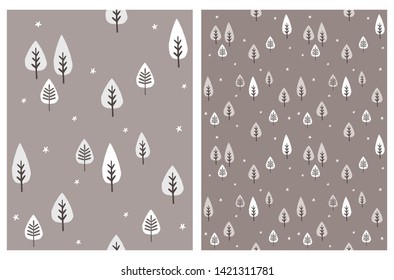 Abstract Trees Vector Seamless Patterns.White and Gray Trees Isolated on a Brown Background. White Star Among Trees.Simple Infantile Woodland Illustrations for Fabric, Card, Wrapping Paper.