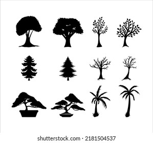 Abstract trees. Vector - spring trees and leaves silhouette. Tree plants forest silhouettes icon vector illustration design. Palm coconut, pines and Bonsai tree mini potted