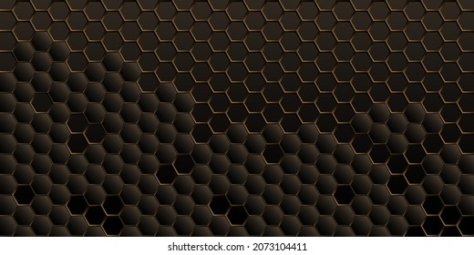 Abstract trend geometric background. Gold honeycomb mesh on a dark background. Strict luxury wallpaper for the computer. Stock vector illustration.