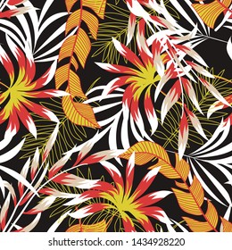 Abstract trend seamless pattern with bright tropical leaves and plants on a dark background. Vector design. Jungle print. Floral background. Printing and textiles. Exotic tropics. Summer design.