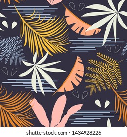Abstract trend seamless pattern with bright tropical leaves and plants on a dark background. Vector design. Jungle print. Floral background. Printing and textiles. Exotic tropics. Summer design.