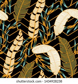 Abstract trend seamless pattern with bright tropical leaves and plants on a black background. Vector design. Jungle print. Floral background. Printing and textiles. Exotic tropics. Summer design.