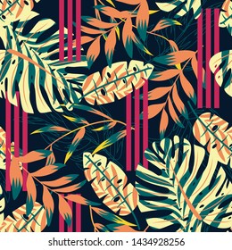 Abstract trend seamless pattern with bright tropical leaves and plants on a dark background. Vector design. Jungle print. Floral background. Printing and textiles. Exotic tropics. Summer design.