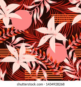 Abstract Trend Seamless Pattern With Bright Tropical Leaves And Flowers On A Dark Background. Vector Design. Jungle Print. Floral Background. Printing And Textiles. Exotic Tropics. Summer Design.