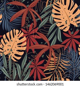 Abstract trend seamless pattern with bright tropical leaves and plants on a dark background. Vector design. Jungle print. Floral background. Printing and textiles. Exotic tropics. Summer design.