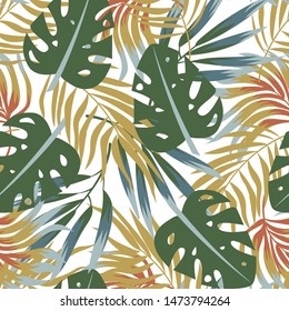 Abstract trend seamless pattern with colorful tropical leaves and plants on white background. Vector design. Jungle print. Floral background. Printing and textiles. Exotic tropics. Summer design.