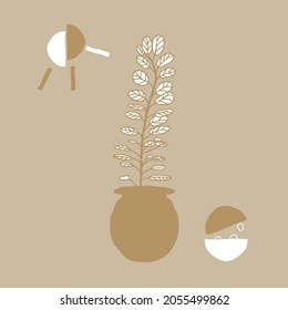 Abstract trending sketch morning, breakfast on table, sun. Vector drawing in oriental style, quick drawing in warm gold tones.