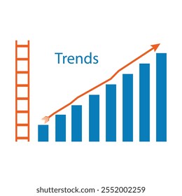 Abstractas fondo gráfico 'Trends' con una flecha amarilla hacia arriba sobre barras azules que simbolizan el crecimiento, con una escalera amarilla. Diseño moderno perfecto para datos, negocios y gráficos de progreso.