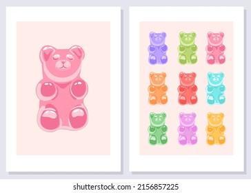 Abstract trendy aesthetic backgrounds set with Gummy Bears. Funky art prints. Danish pastel wall art. Preppy posters collection. Jelly Bears.