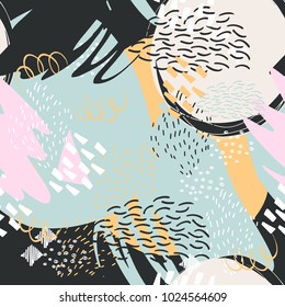 Abstract trendy artistic background in modern style with hand drawn elements. Vector seamless pattern. Design for posters, flyers, banners, placards, brochure, creative templates and more.