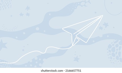Abstrakter, trendiger Hintergrund mit fliegendem Flugzeug. Ein Papierflieger mit einer Linie fliegen auf dekorativem Hintergrund, einfache Vektorgrafik mit flüssigen Formen
