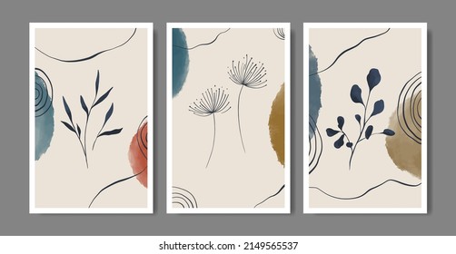 Resumen de fondo a la moda. Tres portadas con ilustraciones modernas de dibujos a mano. Fondo floral. Arte contemporáneo. Diseño minimalista. Puntos, líneas, colores pastel. Tarjeta de invitación. Ilustración vectorial.