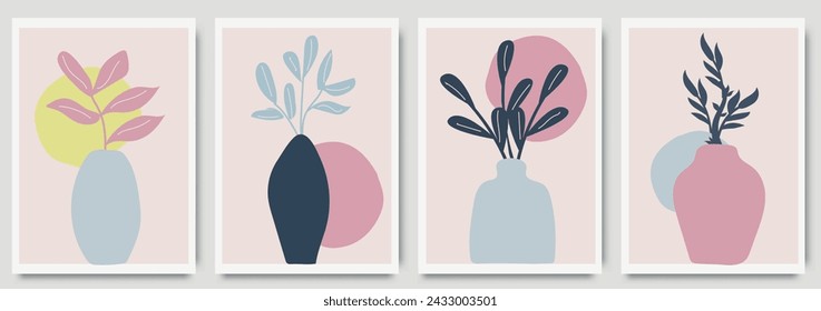 Afiches botánicos abstractos de moda dibujados a mano ilustración vectorial. Elementos de diseño interior. Planta, florero plano clipart aislado en blanco. Estilo minimalista escandinavo. Impresión moderna, póster boho