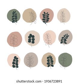 Abstract trendy botanical vector illustration set. Contemporary art, modern print, floral wall art, boho decor poster. Social media icons. Eucalyptus branch. Minimalism style.