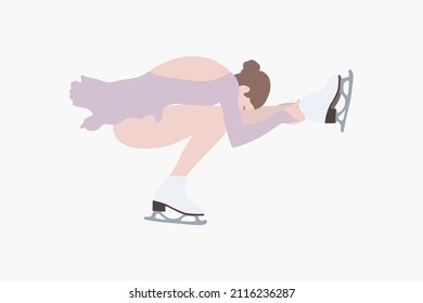 Abstract Trendy Cartoon Illustration Of Female Figure Skater, Shoot Duck Spin, Ice Skating. Hand Drawn Vector Elements Isolated On White Background For Flyer, Banner, Poster