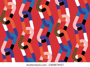 Abstrakte, trendige Ketten Nahtlose Vectordesign Doodle-Stil Chic Farben perfekt für Allover Stoffdruck oder Papier roter Hintergrund