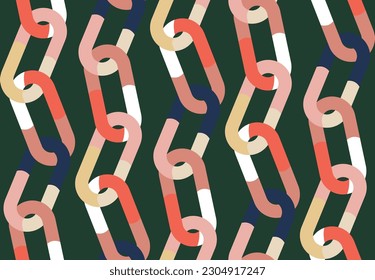 Abstract Trendy Chains Seamless Vector Pattern Doodle Style Chic Colors Perfect for Allover Fabric Print or Wrapping Paper Dark Green Background