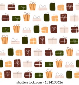 Abstract trendy christmas new year winter holiday seamless pattern with xmas gift boxes. Vector illustration in minimalistic hand drawn style