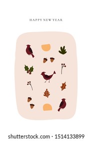 Abstract trendy christmas new year winter holiday card with xmas cardinal bird leaves holly jolly. Vector illustration in minimalistic hand drawn style