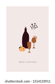 Abstract trendy christmas new year winter holiday card with xmas champagne with glasses and fireworks. Vector illustration in minimalistic hand drawn style