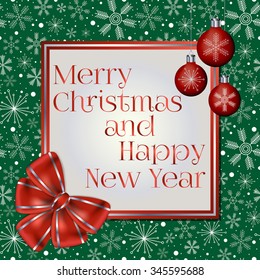 Abstract trendy Christmas and New Year greeting card decorated with red bow, Christmas balls and various snowflakes on green background