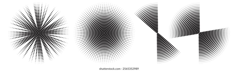 Abstract trendy circlet halftone pattern for modern vector art design. Dynamic Circle halftone background featuring abstract geometric shapes, dotted transitions, and creative circular effects. 