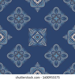Abstract trendy classic blue tile seamless ornamental doodle art pattern. Line art texture for fabric and wallpapers, backgrounds and page fill.