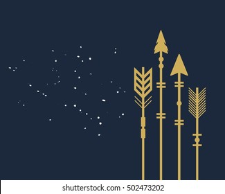 Abstract trendy closeup golden cut tribal arrows card on dark blue background