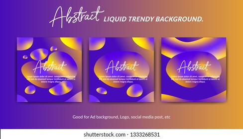 Abstract trendy color modern liquid background set for ad, promotion, flyer, logo preview, or instagram post in violet and yellow mix gradient oil fluid style 