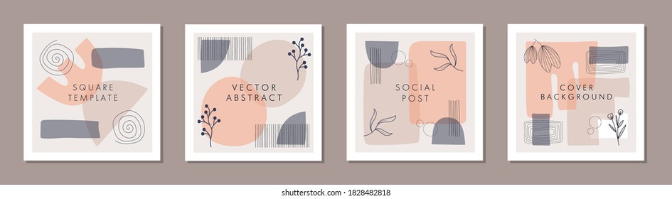 Abstract trendy colorful organic shapes and lines with floral square frame template concepts.