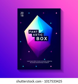 Abstract trendy cosmic poster with multicolor crystal and balls. Neon galaxy background. 80s style. Poster with geometric polygon pyramid or crystal. Vector illustration.