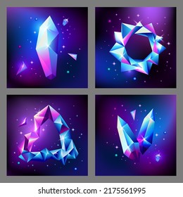 Abstraktes trendiges kosmisches Plakat mit Kristallsteinen und pyramidenförmigen geometrischen Formen im Weltraum. Neongalaxischer Hintergrund. Stil der 80er Jahre. Poster mit Polygonpyramide oder Kristall. Vektorgrafik