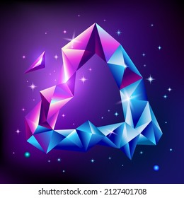 Abstraktes trendiges kosmisches Poster mit dreiseitigen Kristall-Edelsteinen rund Rahmen und pyramidenförmigen geometrischen Formen. Neongalaxischer Hintergrund. Stil der 80er Jahre. Poster mit Polygonpyramide oder Kristall. Vektorgrafik