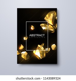 Diseño abstracto de portada de moda. Imagen vectorial 3d de piedras fracturadas de oro realistas. Fondo negro con partículas de metal dorado rotas. Fondo de joyería dinámico. Plantilla de banner.