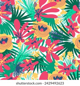 Abstract trendy creative natural floral tropical seamless pattern, Hand drawn. Summer, garden blooms, gardening, flowers, palm leaves. Vector illustration.