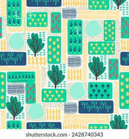 Patrón natural sin fisuras, estilo escandinavo, dibujado a mano. Verano, verduras, jardinería, árboles. Ilustración vectorial.
